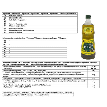 Puget feines Olivenöl aus Frankreich 1 Liter extra natives Olivenöl, Inhalt 1 Liter