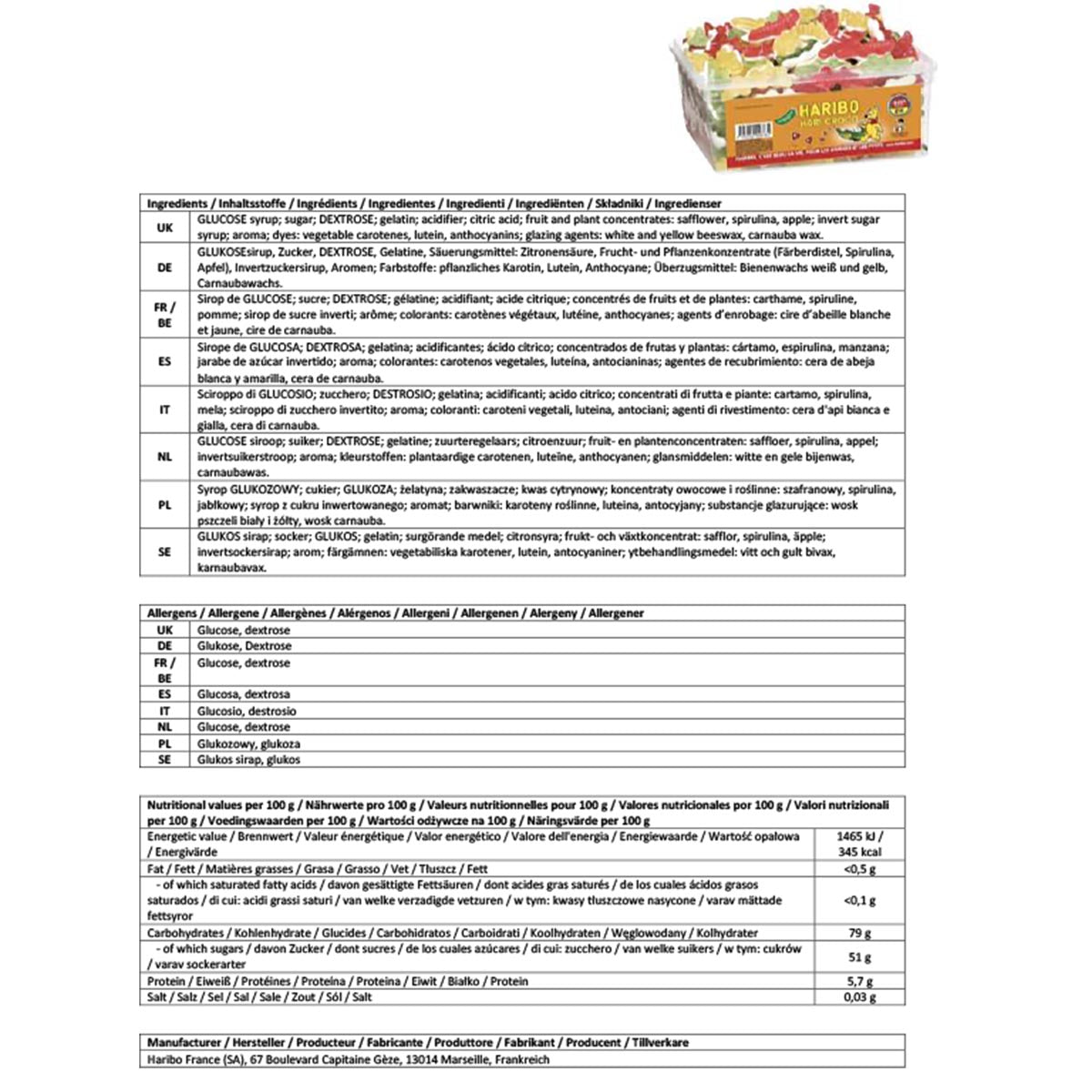 Haribo Croco Krokodile: Bunte Gummibonbons, 1155 g Dose aus Frankreich