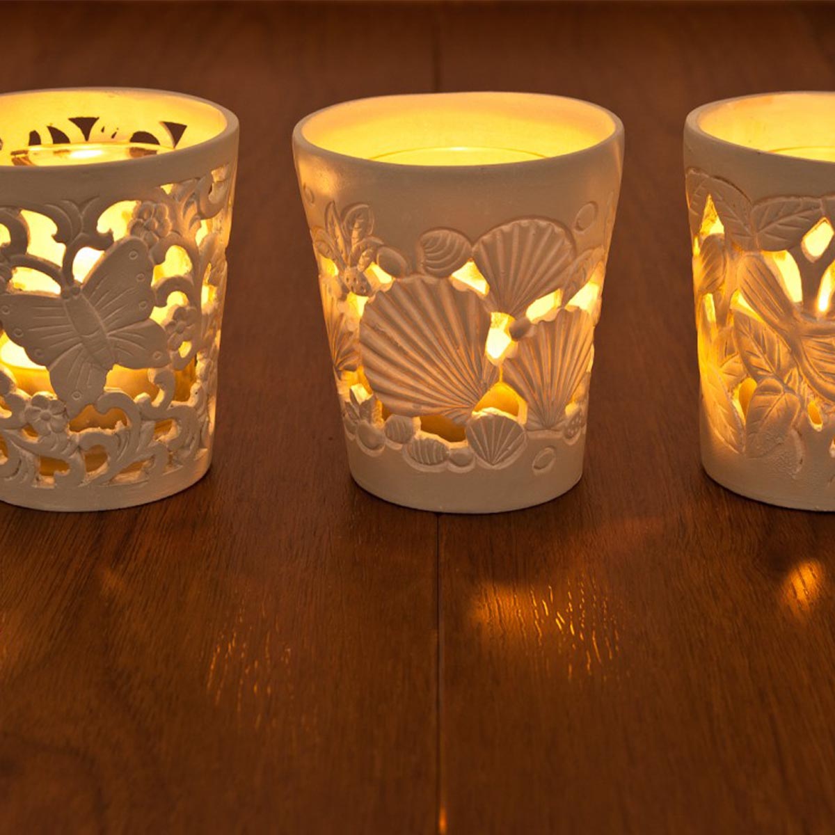 Windlichterset "Summerbreeze", resedafarben, Resin mit Glaseinsätzen 3tlg.