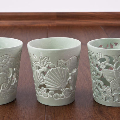 Windlichterset "Summerbreeze", resedafarben, Resin mit Glaseinsätzen 3tlg.