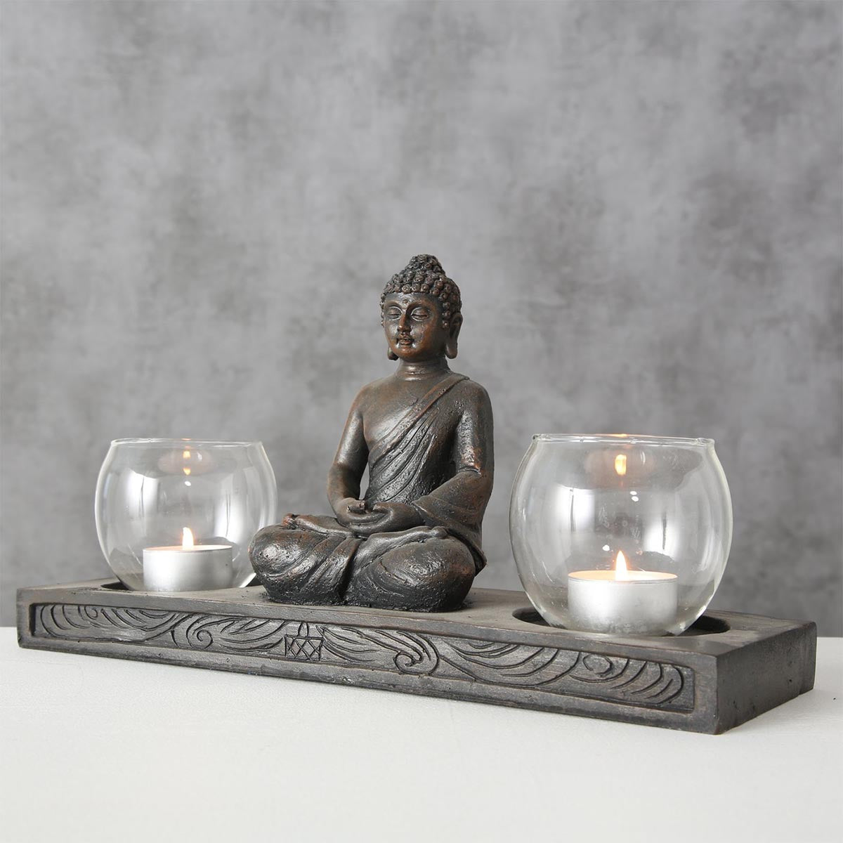 FeineHeimat Windlicht Buddha Figur sitzend 17x32 cm - Spirituelle Gartendekoration mit Doppelter Lichtquelle