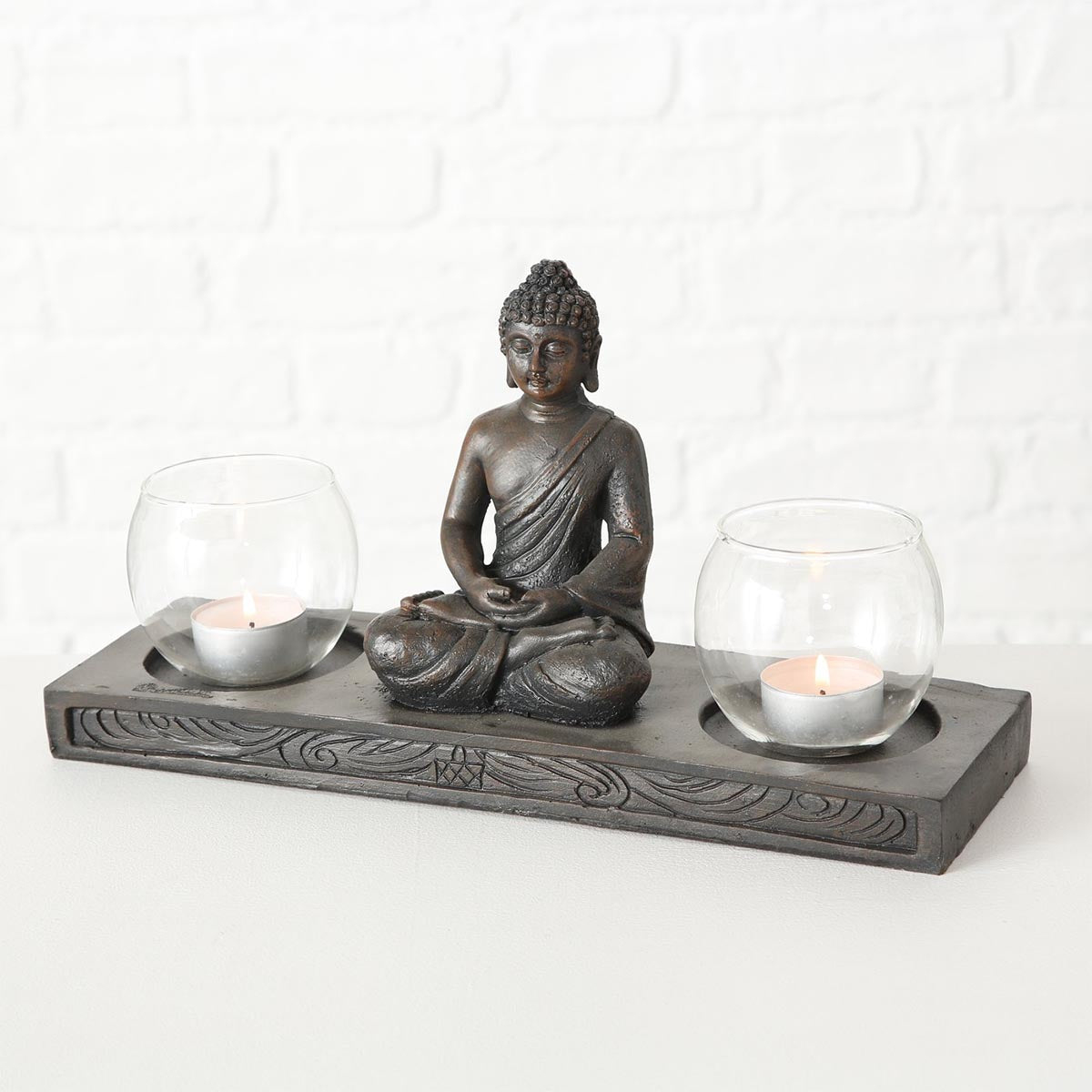 FeineHeimat Windlicht Buddha Figur sitzend 17x32 cm - Spirituelle Gartendekoration mit Doppelter Lichtquelle