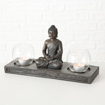 FeineHeimat Windlicht Buddha Figur sitzend 17x32 cm - Spirituelle Gartendekoration mit Doppelter Lichtquelle
