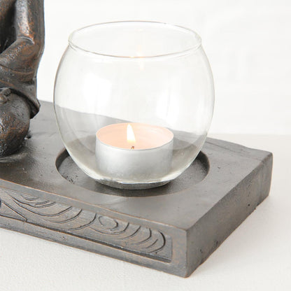 FeineHeimat Windlicht Buddha Figur sitzend 17x32 cm - Spirituelle Gartendekoration mit Doppelter Lichtquelle