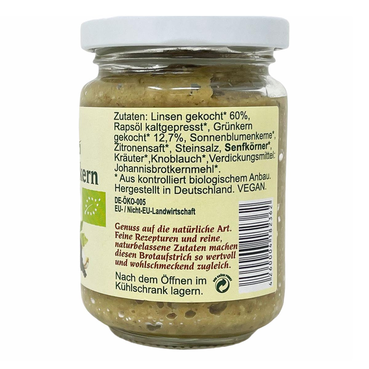 CHIRON Naturdelikatessen Bio Linsen-Grünkern Brotaufstrich 140 Gramm Glas