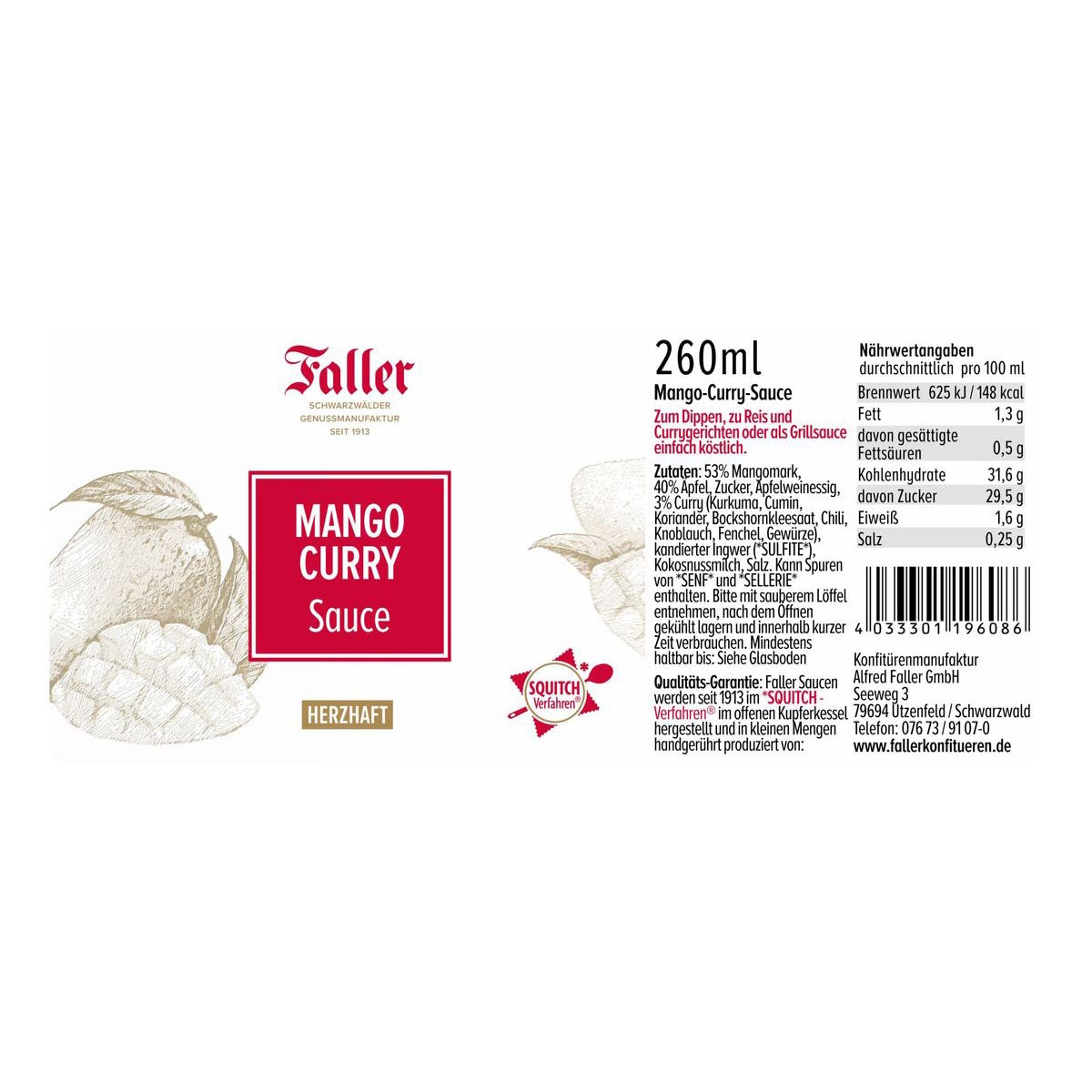 Faller Mango Curry Sauce - Exotischer Genuss aus dem Schwarzwald (260 ml)