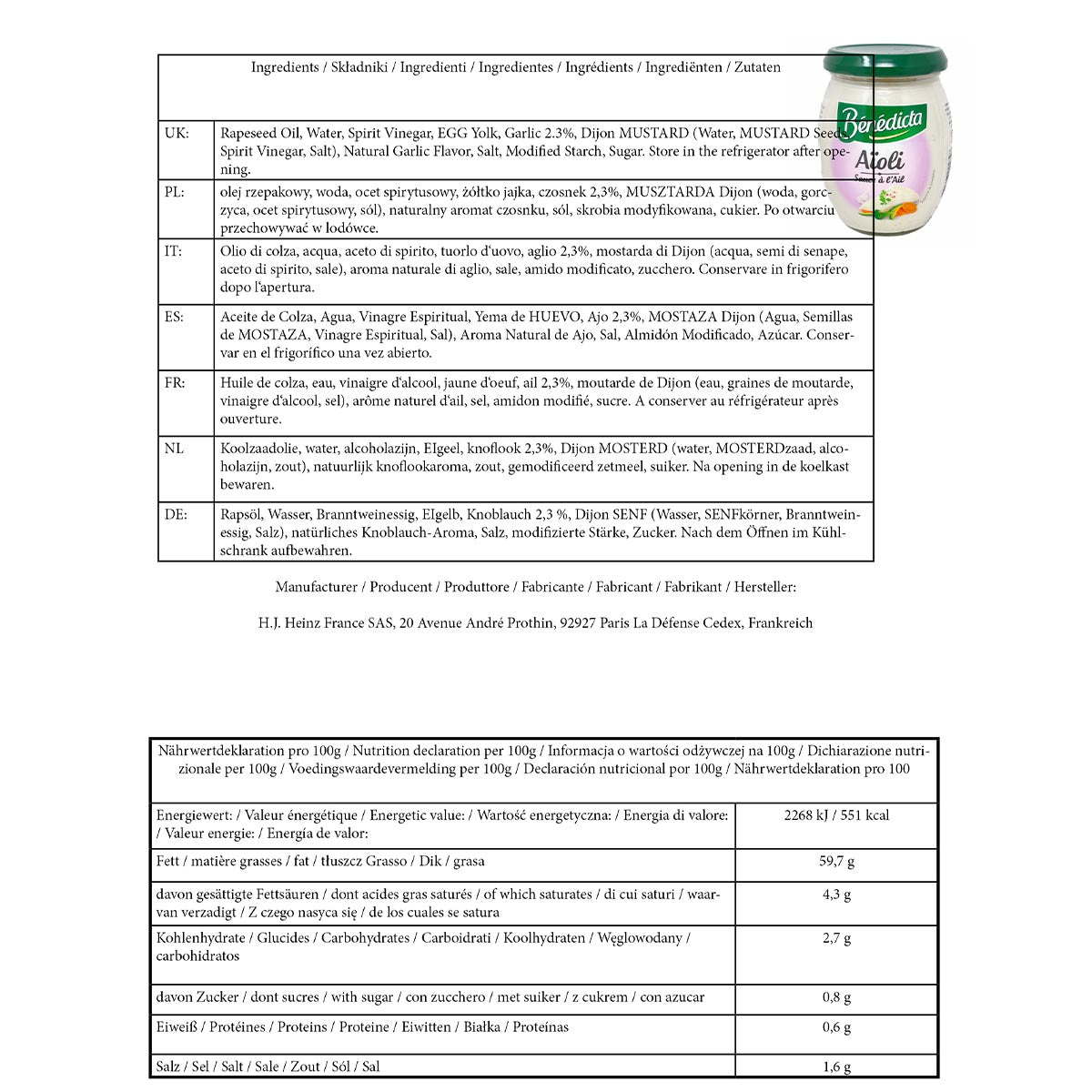 Bénédicta Aïoli Sauce à l'Ail (260g) - Mediterraner Genuss mit Knoblauchmayonnaise