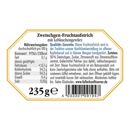 Fruchtaufstriche aus dem Schwarzwald Faller Zwetschgen-Fruchtaufstrich mit Lebkuchengewürz 235g - MHD 15.12.2023