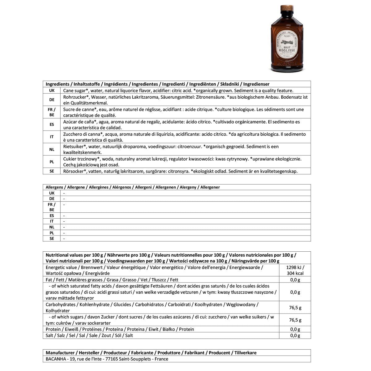 Bacanha Sirop Brut de Réglisse Bio 400 ml – Bio-Lakritzsirup mit Bio-Rohrzucker