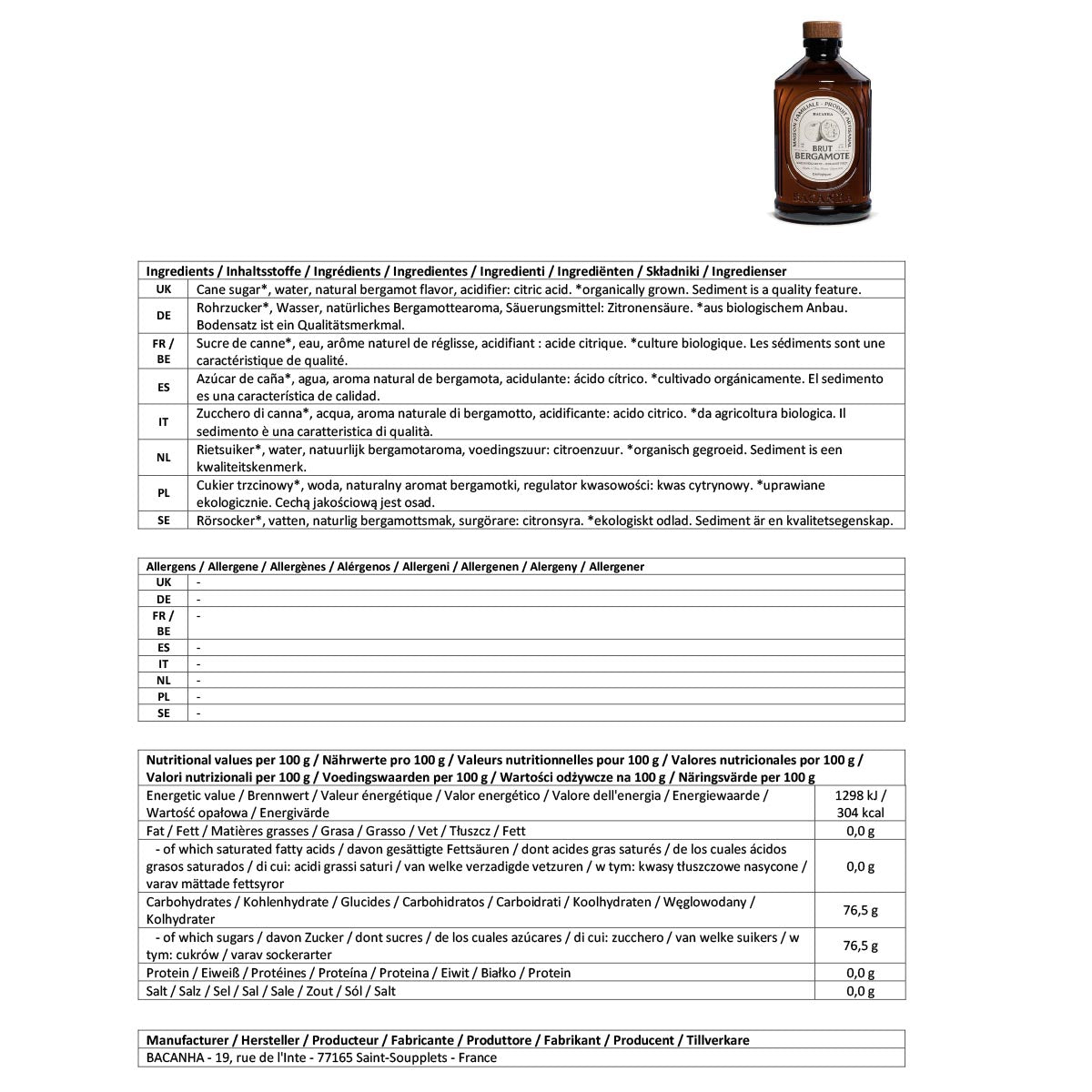 Bacanha Sirop Brut de Bergamote Bio 400 ml - Bio Bergamotte Sirup mit Bio Rohrzucker