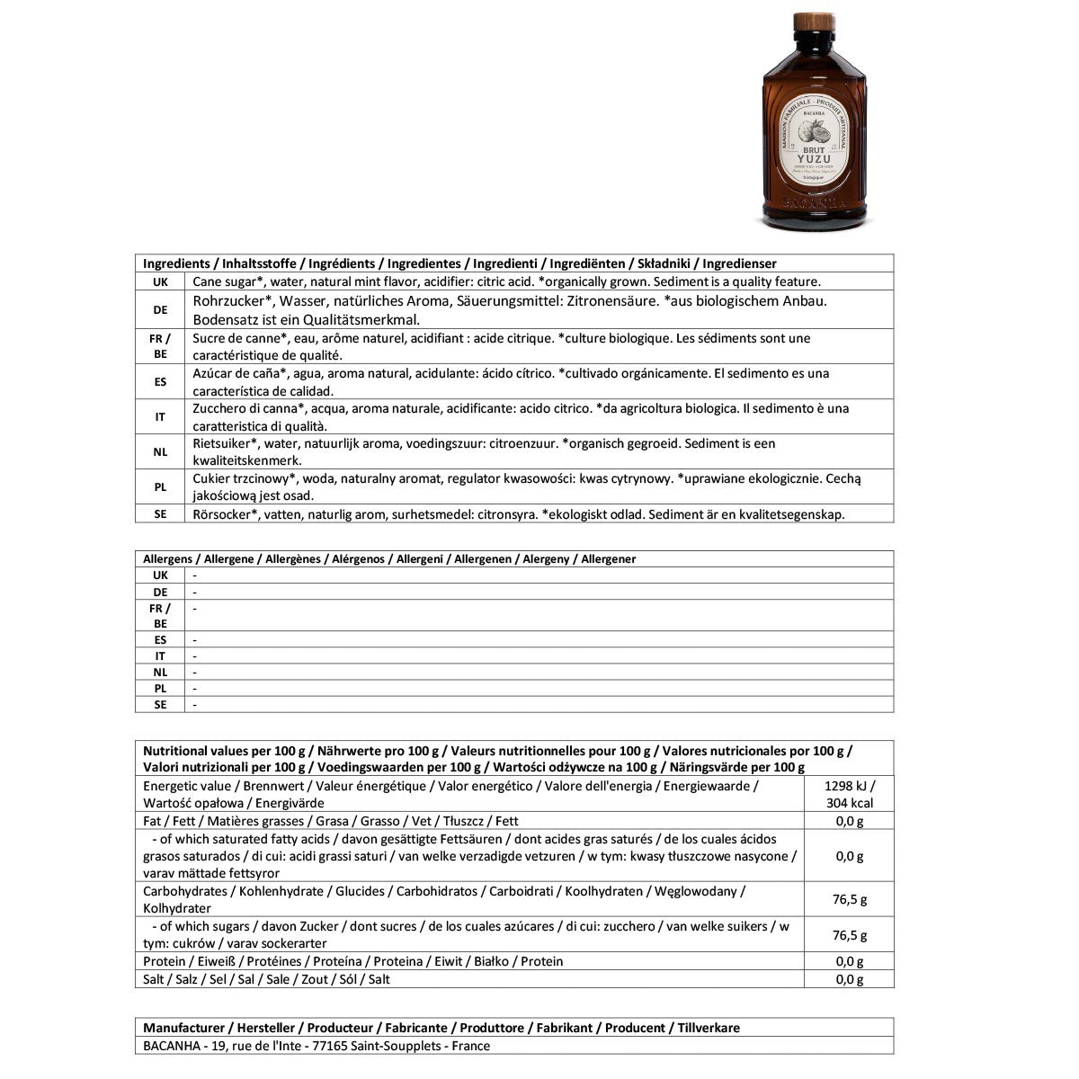 Bacanha Sirop Brut de Yuzu Bio 400 ml - Bio Yuzu Sirup mit Bio Rohrzucker