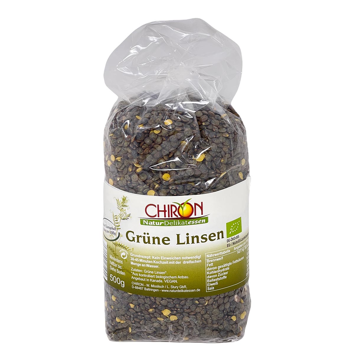 CHIRON Naturdelikatessen Bio Grüne Linsen kbA 500 Gramm