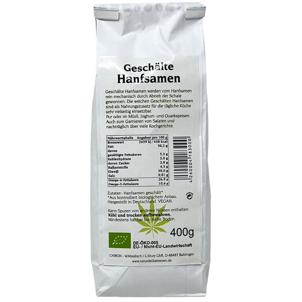 CHIRON Naturdelikatessen Bio geschälte Hanfsamen kbA 400 Gramm