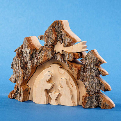 PFAFF 3D Weihnachtskrippe: Handgefertigte Holzdeko mit Rindenakzent, 3D-Optik, 18x14cm