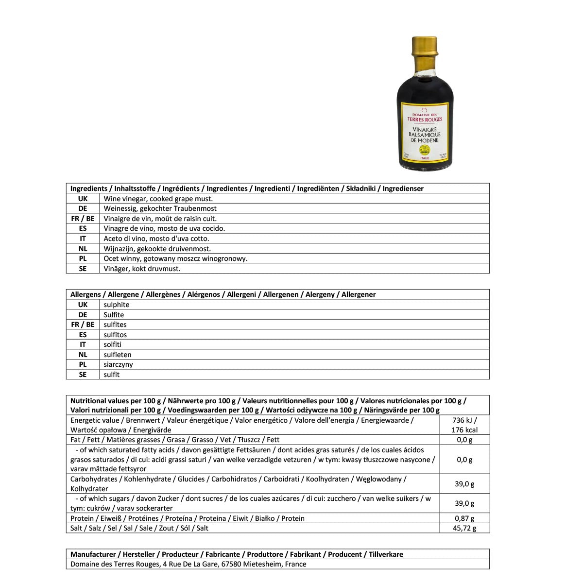Domaine des Terres Rouges IGP Balsamessig Modena 2 Jahre 25cl
