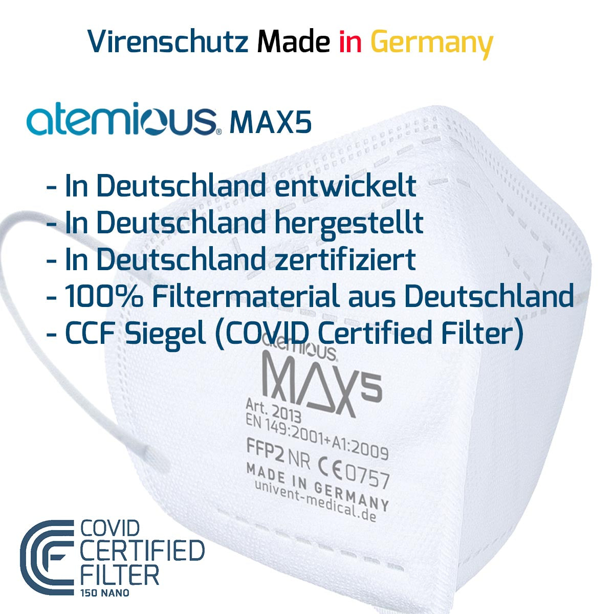 atemious MAX5 FFP2 Atemschutzmaske Made in Germany lose oder einzeln verpackt