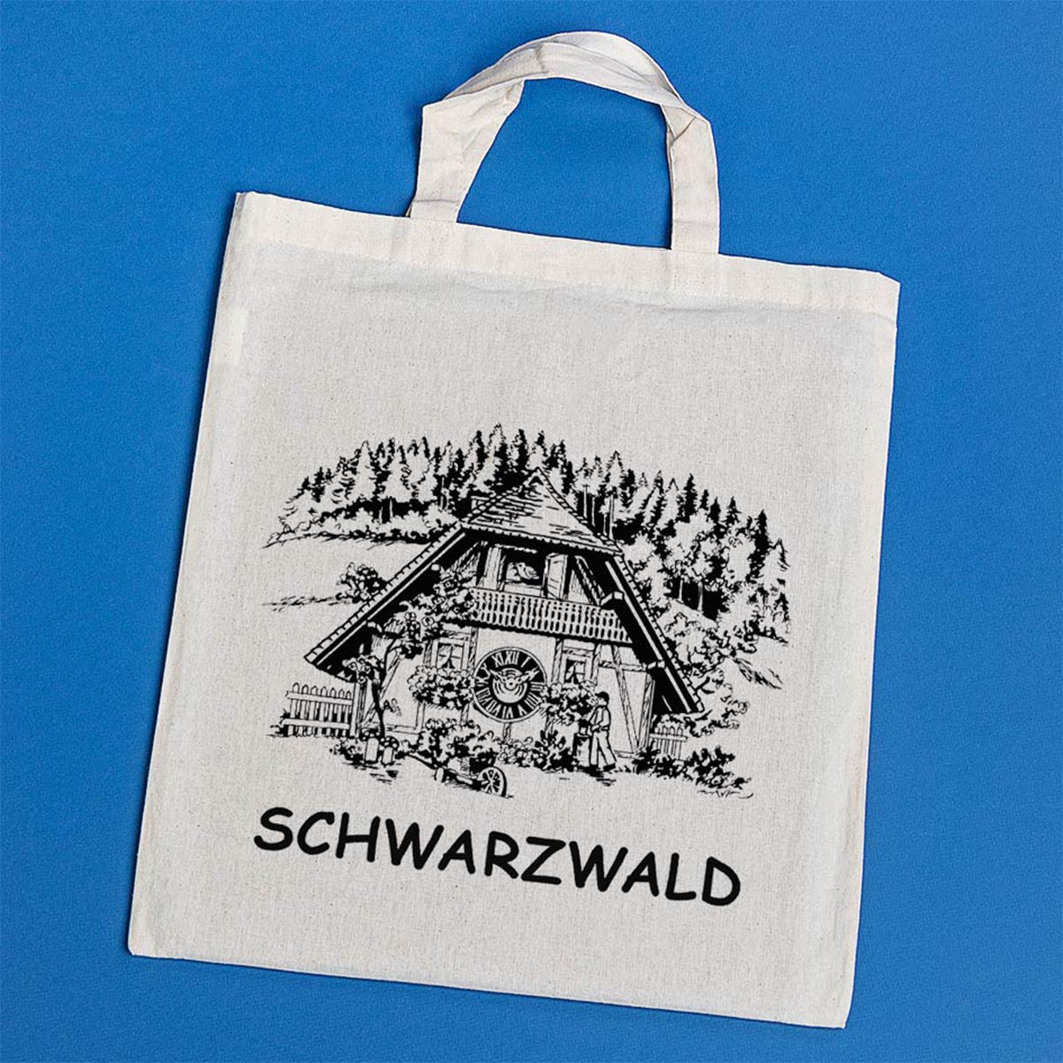FeineHeimat Baumwolltasche mit Schwarzwald Uhr Motiv 100% Baumwolle 38x42 cm