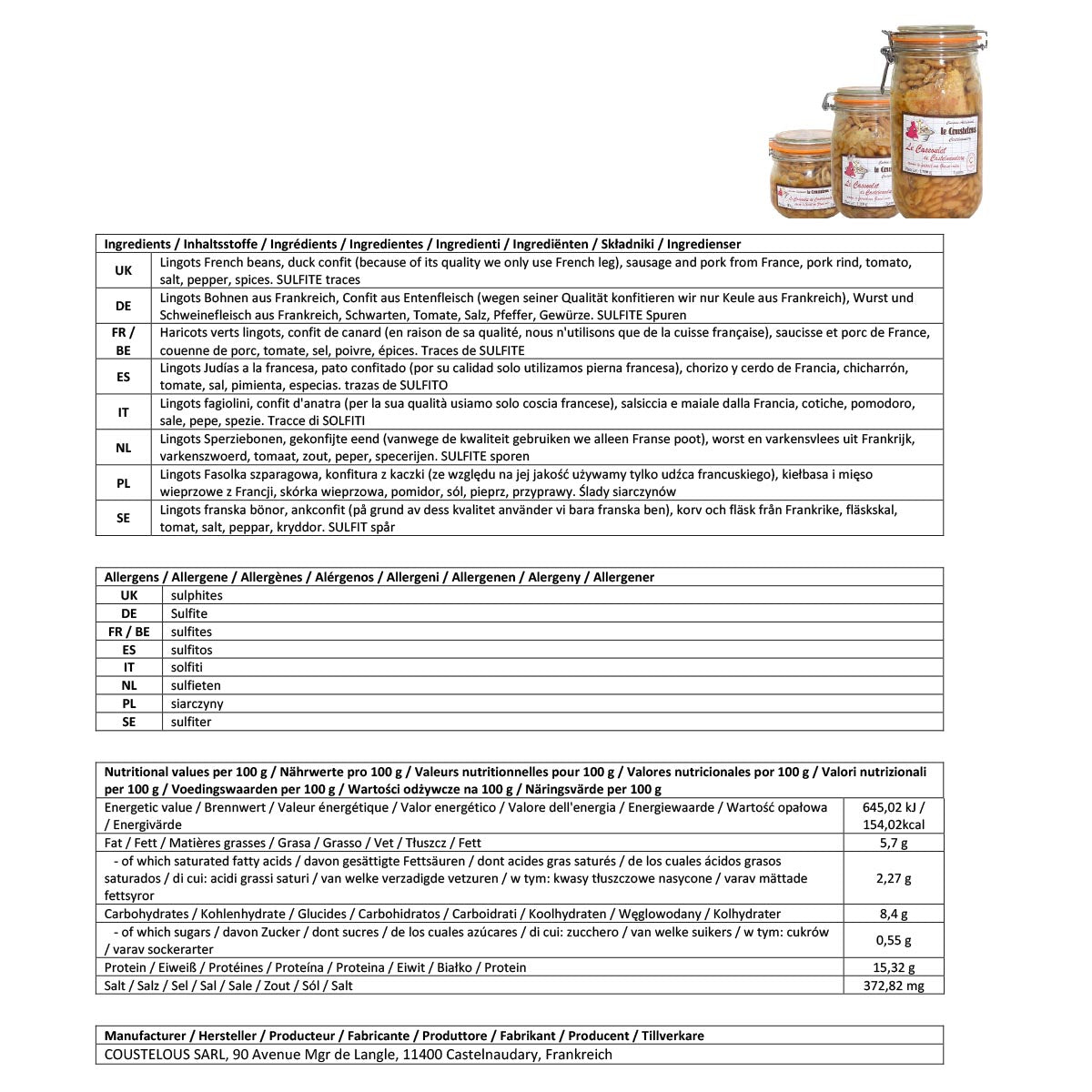 Le Coustelous  de Castelnaudary gekochte Lingots und Entenfleisch aus Frankreich