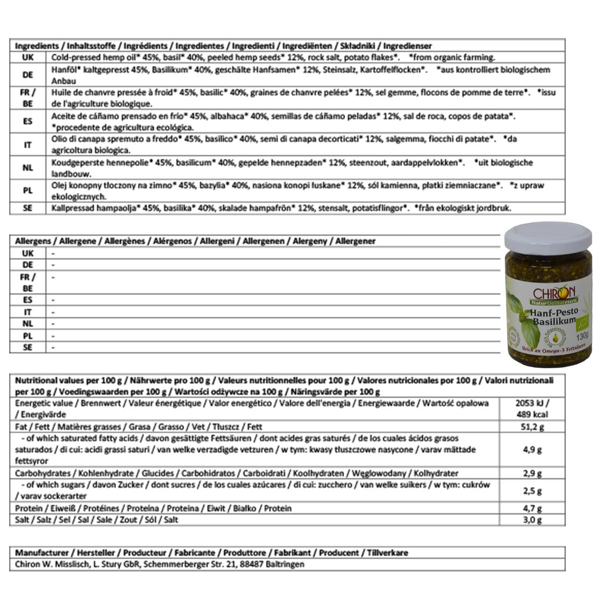 *MHD 05.01.2024* CHIRON Naturdelikatessen Bio Hanf-Pesto Basilikum kbA 130g