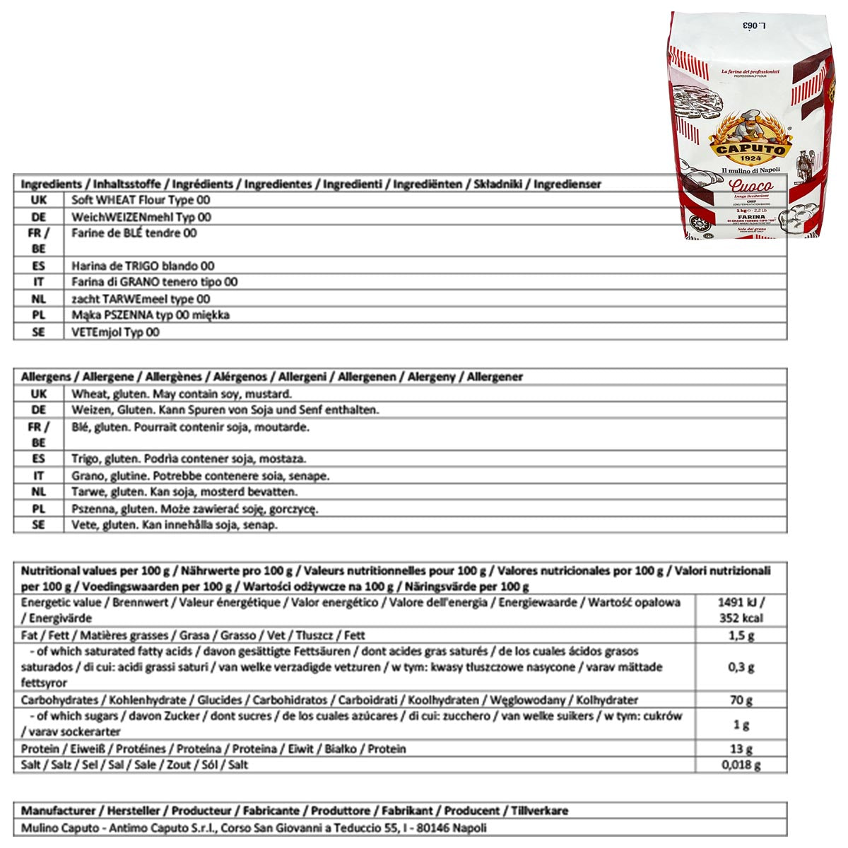 FARINA CAPUTO Mehl "Cuoco" Chef 1 kg für lange Gärung Weichweizenmehl Typ "00"