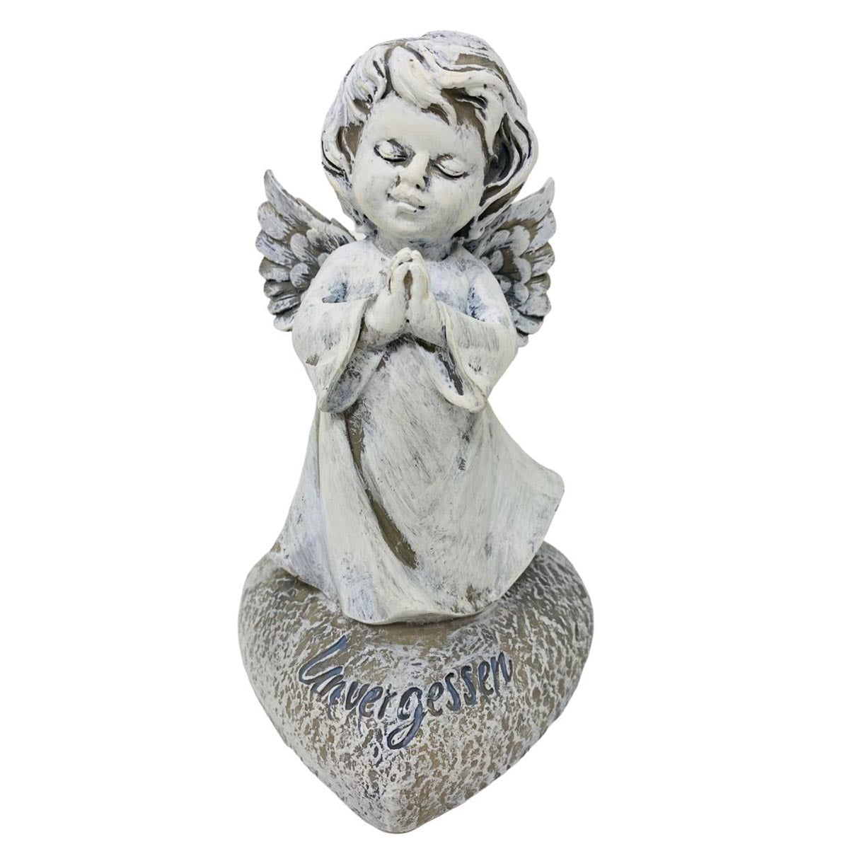 FeineHeimat Trauerengel "Unvergessen" - Antikcreme aus Kunstharz mit Betenden Händen, Zarte Gedenkstätte