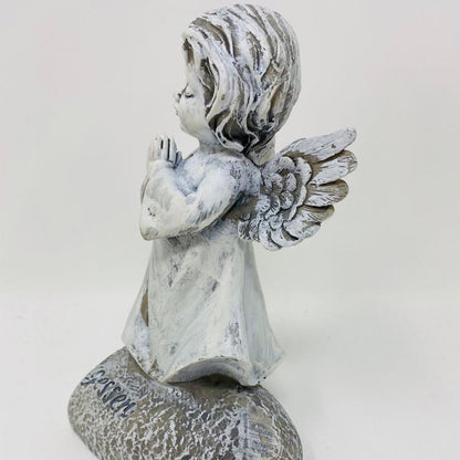 FeineHeimat Trauerengel "Unvergessen" - Antikcreme aus Kunstharz mit Betenden Händen, Zarte Gedenkstätte