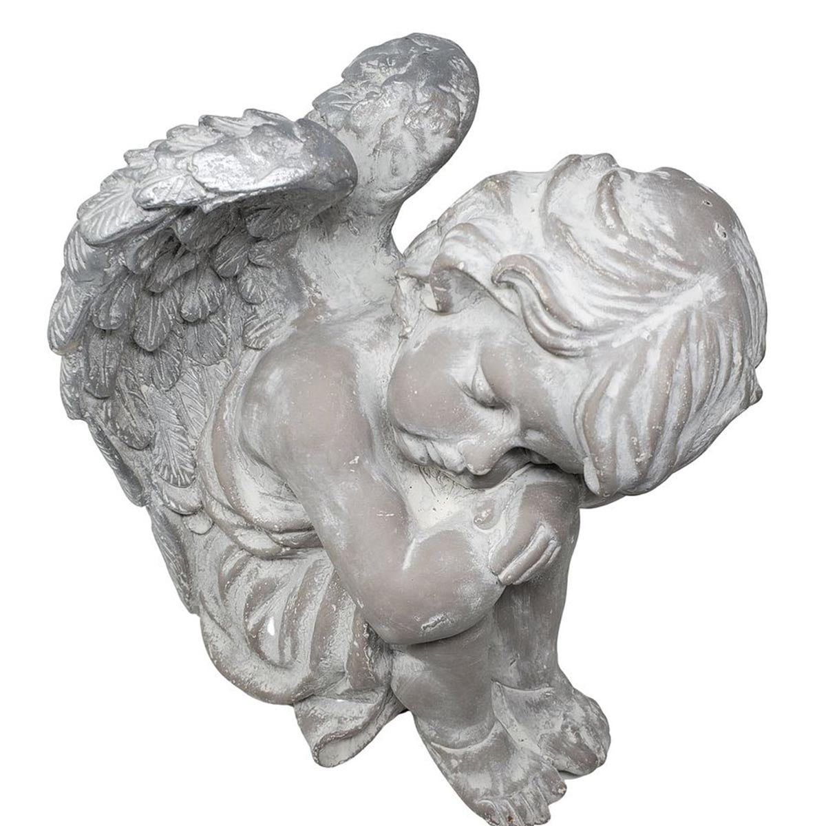 FeineHeimat Schlafender Engel sitzend 34 cm - Antikweiß, Silberne Flügel, Zarte Gartendekoration