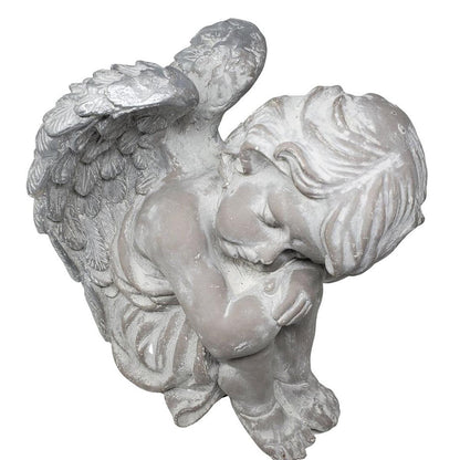 FeineHeimat Schlafender Engel sitzend 34 cm - Antikweiß, Silberne Flügel, Zarte Gartendekoration