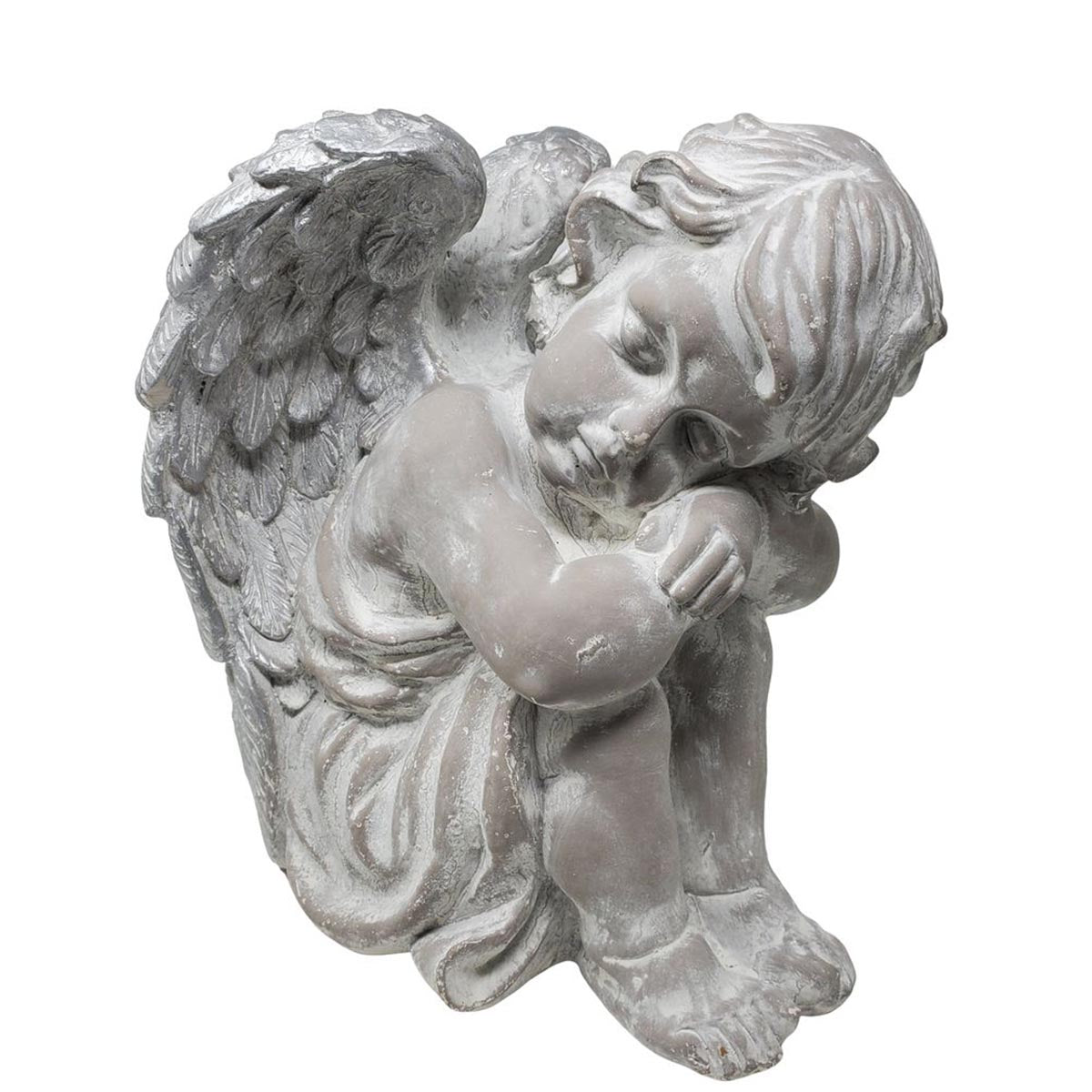 FeineHeimat Schlafender Engel sitzend 34 cm - Antikweiß, Silberne Flügel, Zarte Gartendekoration