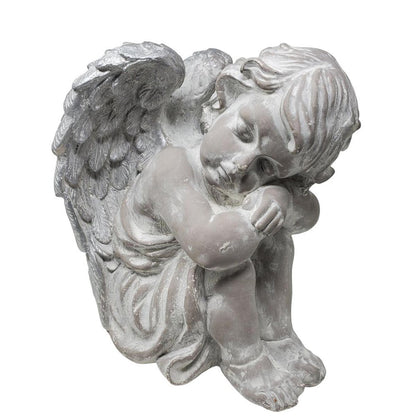 FeineHeimat Schlafender Engel sitzend 34 cm - Antikweiß, Silberne Flügel, Zarte Gartendekoration