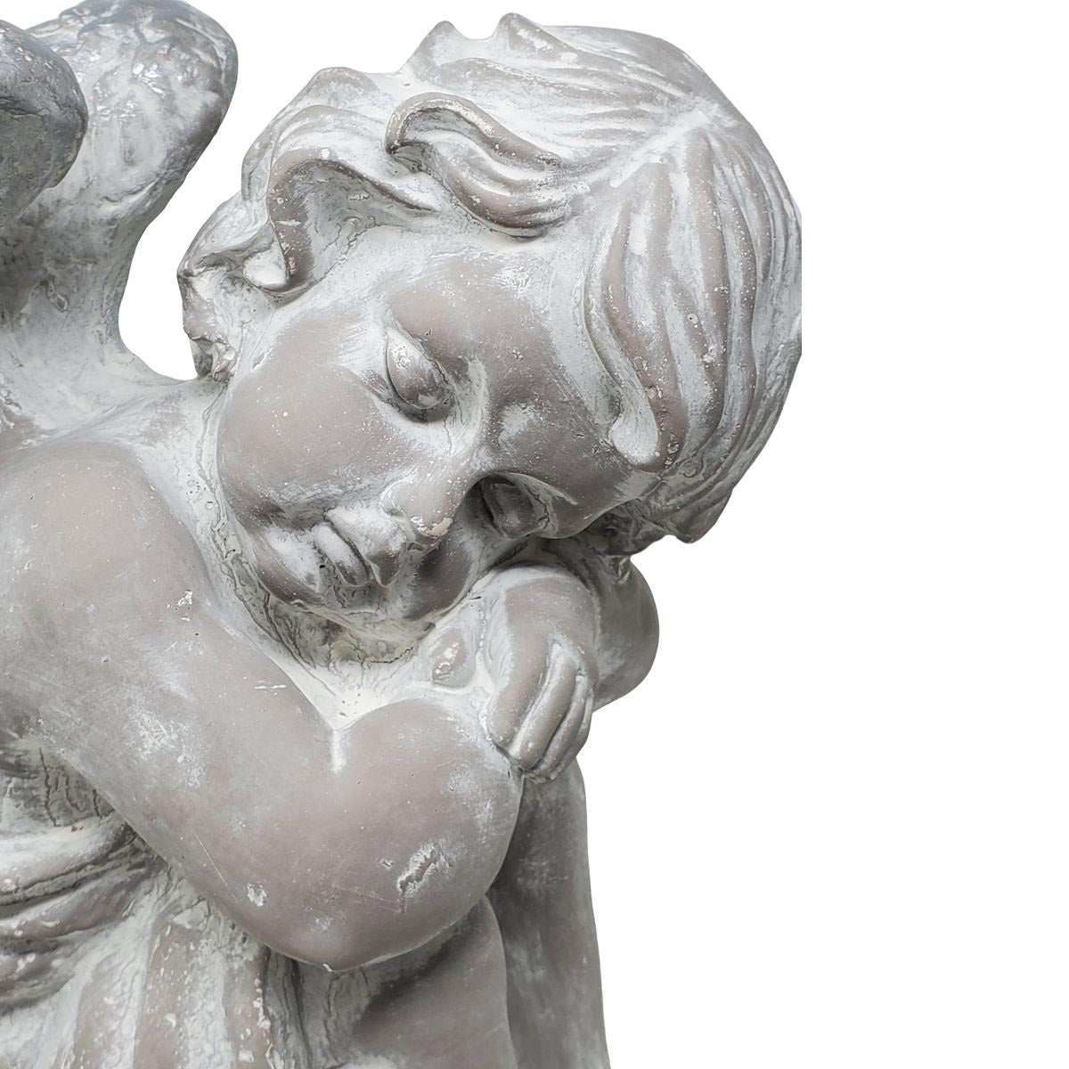 FeineHeimat Schlafender Engel sitzend 34 cm - Antikweiß, Silberne Flügel, Zarte Gartendekoration