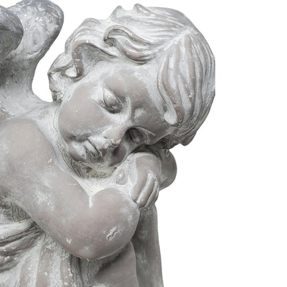 FeineHeimat Schlafender Engel sitzend 34 cm - Antikweiß, Silberne Flügel, Zarte Gartendekoration