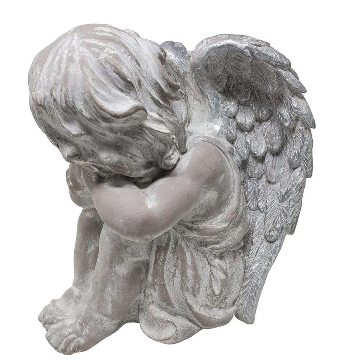 FeineHeimat Schlafender Engel sitzend 34 cm - Antikweiß, Silberne Flügel, Zarte Gartendekoration