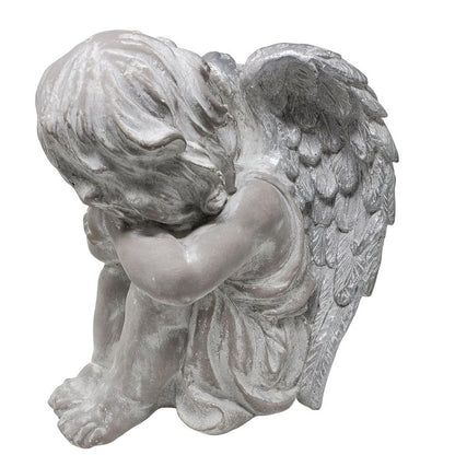FeineHeimat Schlafender Engel sitzend 34 cm - Antikweiß, Silberne Flügel, Zarte Gartendekoration